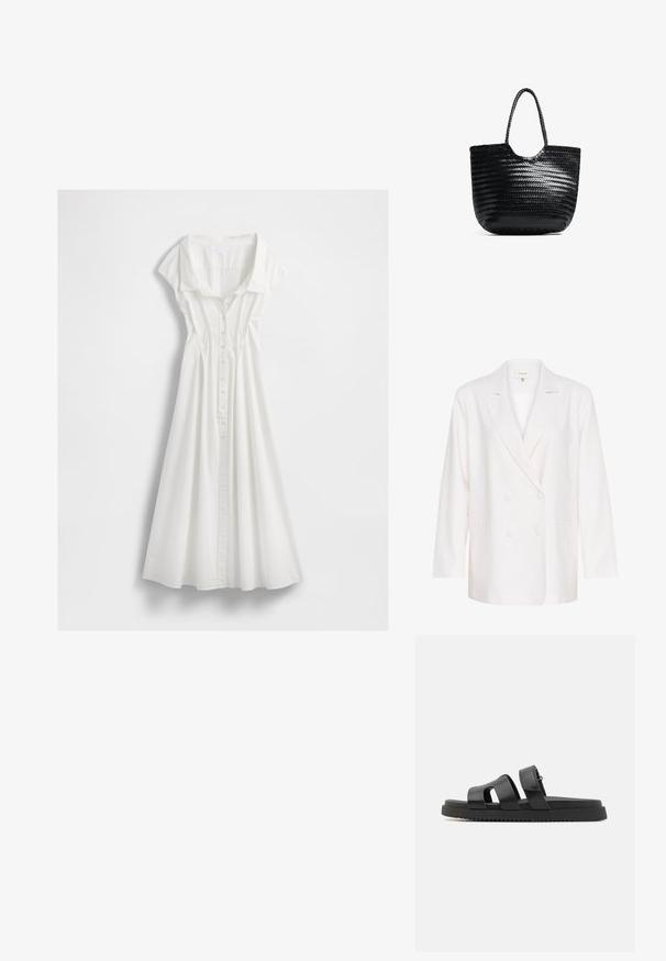Hvid dobbeltradet blazer med klapkrave, lange ærmer og to forlommer. Fremstillet af et let, struktureret stof.; Hvid skjorte-kjole lavet af letvægtsbomuld. Har korte capærmer, en krave og en flæse nederdel med lodrette syninger.; Sorte lædersandaler med to brede stropper, åben tå-design og en tykk sort gummisål med et tekstureret, rillen mønster.; Sort vævet totebag med en afrundet top, sidesømme og to flettede håndtag. Har et struktureret mønster og en rummelig indvendig plads.