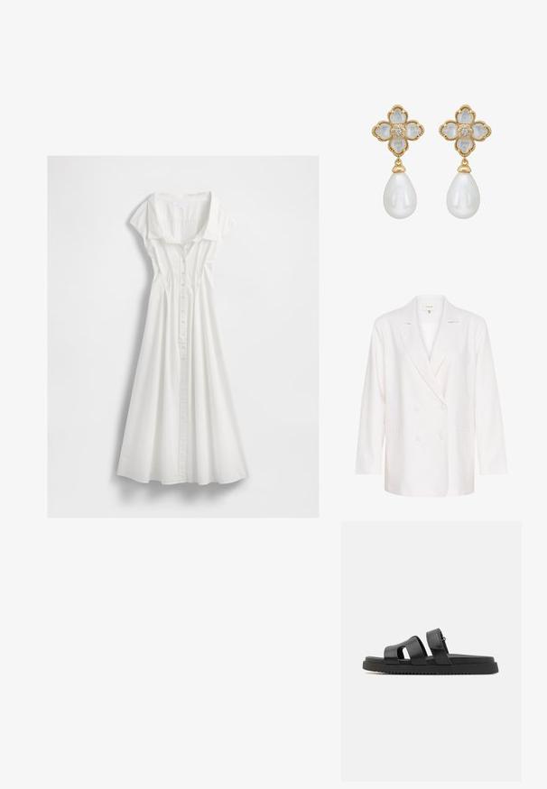 Hvid dobbeltradet blazer med klapkrave, lange ærmer og to forlommer. Fremstillet af et let, struktureret stof.; Hvid skjorte-kjole lavet af letvægtsbomuld. Har korte capærmer, en krave og en flæse nederdel med lodrette syninger.; Sorte lædersandaler med to brede stropper, åben tå-design og en tykk sort gummisål med et tekstureret, rillen mønster.; Guldtonede øreringe med et blomstret design, hvide blomsterdetaljer, en central diamant og en tårnformet hvid perle.