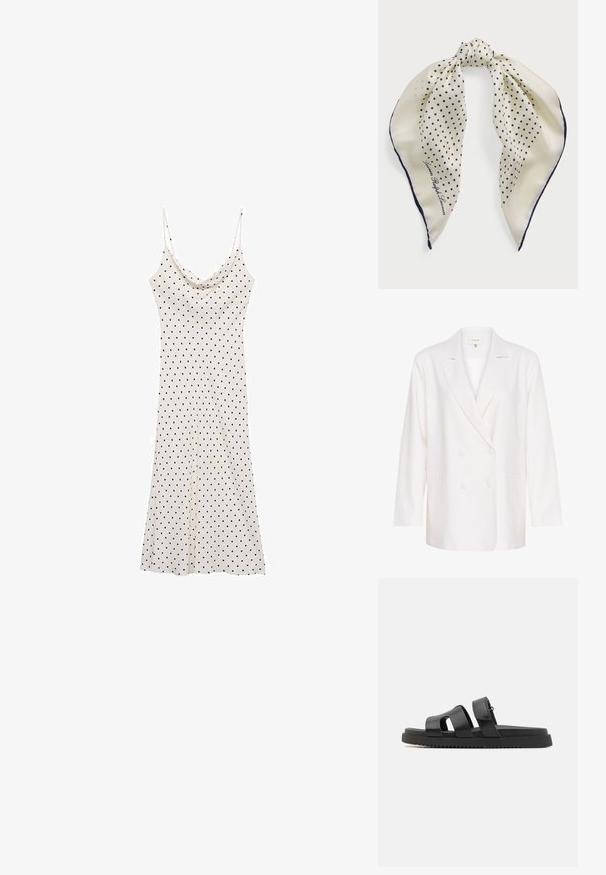 Valkoinen kaksirivinen bleiseri, jossa on viistot läpät, pitkät hihat ja kaksi etutaskua. Valmistettu kevyestä, tekstuuripinnoitteisesta kankaasta.; Hihaton mekko pehmeästä, kevyestä kankaasta; kerma tausta mustilla pilkuilla; laskostettu kaulus ja valuva siluetti.; Mustat nahkasaappaat, joissa on kaksi leveää hihnaa, avoin varvasdesign ja paksu musta kumipohja, jossa on teksturoitu, uritettu kuvio.; Silkkihuivi, jossa on kerma-tausta navy-pilkuilla, solmittu keskeltä; navy-reunus; sisältää tekstin "Lauren Ralph Lauren."; Mustaan kudottu kangaskassi, jossa on pyöreä yläosa, sivusaumat ja kaksi punottua kahvaa. Sisältää tekstuuripinnan ja tilavan sisäosan.