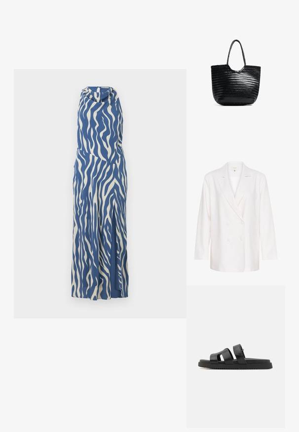 Blazer bianco doppiopetto con rever a punta, maniche lunghe e due tasche frontali. Realizzato in un tessuto leggero e strutturato.; Abito senza maniche blu e crema con un motivo a onde, scollo drappeggiato e spacco laterale, realizzato in un tessuto morbido e leggero.; Sandali neri in pelle con due fasce larghe, design aperto sulla punta e una spessa suola in gomma nera caratterizzata da un motivo testurizzato e rigato.; Borsa a spalla intrecciata nera con parte superiore arrotondata, cuciture laterali e due manici intrecciati. Presenta un motivo testurizzato e un ampio interno.