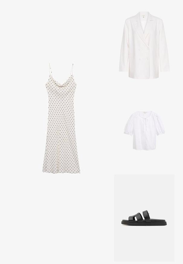 Blazer bianco doppiopetto con rever a punta, maniche lunghe e due tasche frontali. Realizzato in un tessuto leggero e strutturato.; Blusa bianca a maniche corte con scollatura rotonda, caratterizzata da un dettaglio con nodo frontale. Realizzata in un tessuto leggero con una superficie liscia.; Vestito senza maniche in tessuto morbido e leggero; fondo crema con pois neri; scollatura drappeggiata e silhouette fluida.; Sandali neri in pelle con due fasce larghe, design aperto sulla punta e una spessa suola in gomma nera caratterizzata da un motivo testurizzato e rigato.; Borsa a spalla intrecciata nera con parte superiore arrotondata, cuciture laterali e due manici intrecciati. Presenta un motivo testurizzato e un ampio interno.