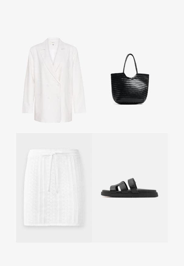 Hvid dobbeltradet blazer med klapkrave, lange ærmer og to forlommer. Fremstillet af et let, struktureret stof.; Hvid halterneck top med sorte prikker, der har en dyb V-hals og ruching-design. Sammen med en matchende lagdelt mini nederdel.; Strikket hvid nederdel med et struktureret mønster og lodrette striber; har en snor i taljen og en bølget kant.; Sorte lædersandaler med to brede stropper, åben tå-design og en tykk sort gummisål med et tekstureret, rillen mønster.; Sort vævet totebag med en afrundet top, sidesømme og to flettede håndtag. Har et struktureret mønster og en rummelig indvendig plads.