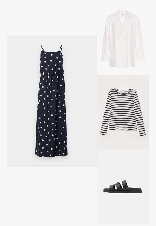 Valkoinen kaksirivinen bleiseri, jossa on viistot läpät, pitkät hihat ja kaksi etutaskua. Valmistettu kevyestä, tekstuuripinnoitteisesta kankaasta.; Pitkähihaisen vaaleankermanvärisen paidan, jossa on tummansinisiä vaakaraitoja. Paidassa on pyöreä pääntie, ribbaustekstuuria ja rento leikkaus.; Laavun sininen maksimekko valkoisilla pilkuilla. Ominaisuuksiin kuuluu ohuet säädettävät olkaimet, elastinen vyötärö ja rento istuvuus. Tasainen kankaan pinta.; Mustat nahkasaappaat, joissa on kaksi leveää hihnaa, avoin varvasdesign ja paksu musta kumipohja, jossa on teksturoitu, uritettu kuvio.