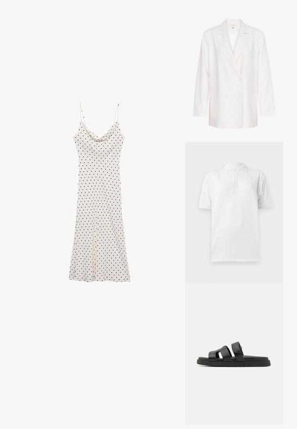 Biely sako s dvojitým zapínaním a klopami, dlhými rukávmi a dvoma prednými vreckami. Vyrobené z ľahkej, textúrovanej látky.; Biela polo košeľa s golierom, troj-buttonovou légou a krátkymi rukávmi. Mäkkučký materiál s jemným logom na hrudi.; Šaty bez rukávov z jemného, ľahkého materiálu; krémové pozadie s čiernymi bodkami; zavinovací výstrih a voľný strih.; Čierne kožené sandále s dvoma širokými popruhmi, otvorenou špičkou a hrubou čiernou gumovou podrážkou s textúrovaným, ryhovaným vzorom.; Čierna pletená taška s okrúhlym vrchom, bočnými švami a dvoma ušami z vrkočov. Obsahuje textúrovaný vzor a priestranný interiér.