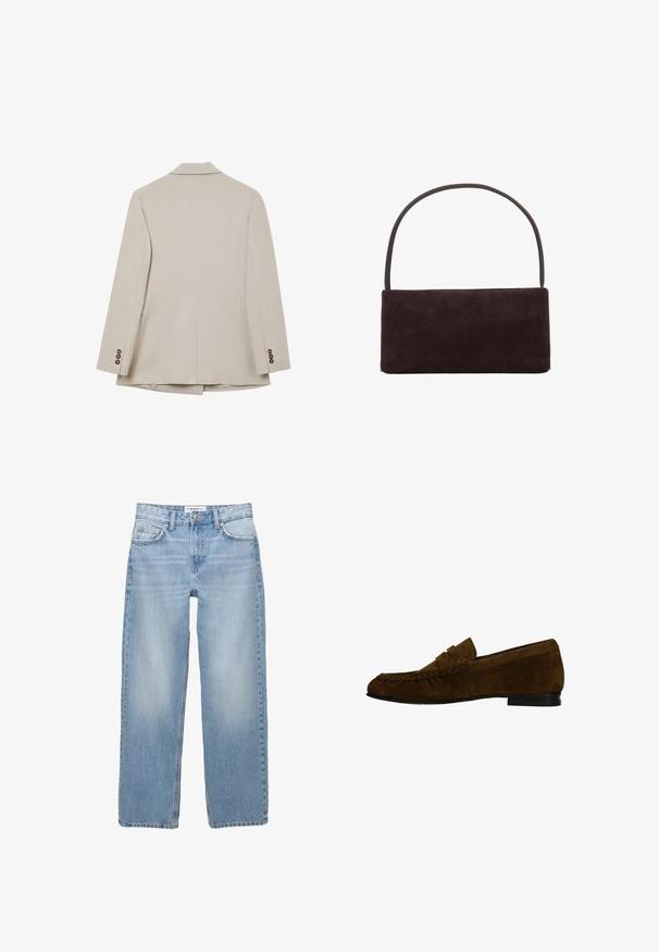 Beige taillierter Blazer von hinten gezeigt, mit Reverskragen, langen Ärmeln und drei braunen Knöpfen an jedem Ärmel.; Helle beigefarbene Strickjacke aus weichem Strickmaterial, mit runder Ausschnittform, überschnittenen Schultern und Rippdetails am Saum und an den Ärmeln.; United Colors of Benetton WITH V-NECK - T-Shirt basic - grey; Helle blaue Jeans aus Denim mit geradem Bein, Fünf-Taschen-Stil und sichtbaren Nähdetails. Der Stoff hat eine weiche, leicht ausgewaschene Textur.; Braune Wildleder-Lässige Schuhe mit geflochtenem Detail auf der Vorderseite, flachem Absatz und runder Zehenform, mit glatter Textur und einfachem Design.; Rechteckige Handtasche aus dunkelbraunem Wildleder mit einem schmalen Einzelhenkel, minimalistischem Design und ohne sichtbare Verzierungen.