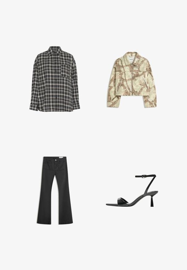 Gekruide jas met een beige en bruine abstracte camouflagepatroon, met een ritssluiting aan de voorkant en twee ritszakken aan de zijkant. Gestanste textuur.; Zwart-witte geruite blouse met lange mouwen, knoopsluiting, kraag en borstzak, weergegeven tegen een witte achtergrond.; Zwarte flared jeans van denim met een gladde textuur, voorzien van twee achterzakken en een knoopsluiting bij de taille.; Bershka Sandalen met hoge hak - black