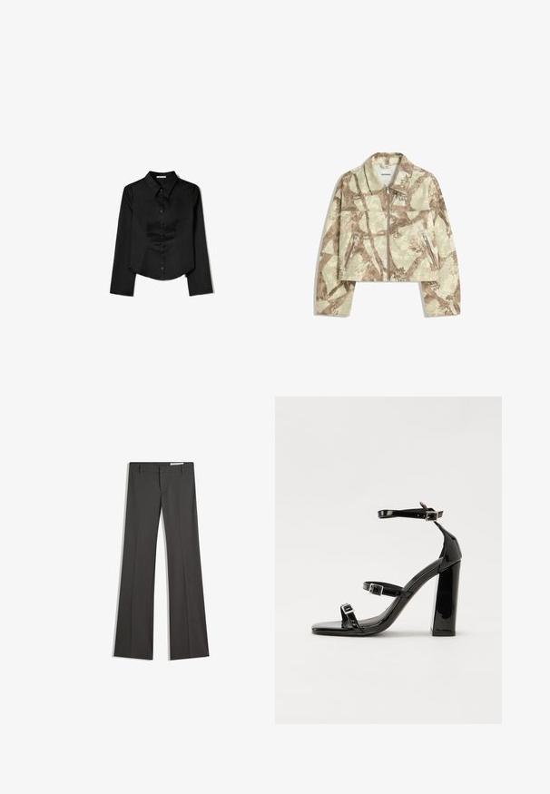 Rövidített kabát bézs és barna absztrakt kamuflázs mintával, elülső cipzárral és két cipzáras oldalzsebbel. Viaszos textúra.; Fekete, hosszú ujjas ing sima anyagból, hegyes gallérral, elülső gombos záródással és oldalhasítékkal ellátott cropped szegéllyel.; Szürke, bővülő nadrág sima anyagból, lapos elejű, övakasztókkal, elegáns fazonban, tiszta vonalakkal.; Fekete lakk magas sarkú szandál négyzet alakú orral, bokapántokkal és ezüst csatokat tartalmaz. Masszív blokk sarka a stabilitásért felel.