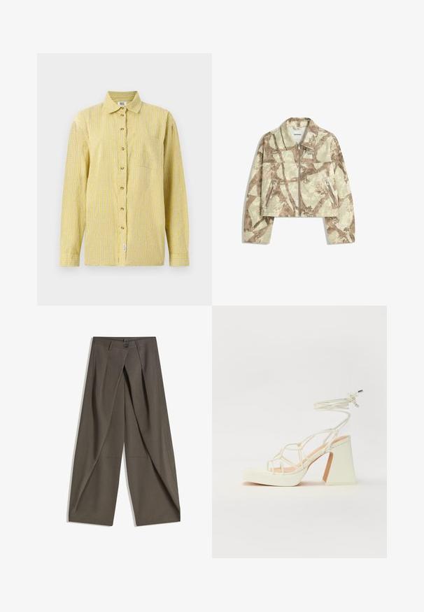Kurtka typu cropped z abstrakcyjnym wzorem w beżowe i brązowe kamuflaże, z zapięciem na suwak z przodu oraz dwiema bocznymi kieszeniami na suwak. Tekstura mielona.; Żółta koszula w kratkę z długim rękawem, z kieszenią na piersi i brązowymi guzikami. Wykonana z lekkiego, teksturowanego materiału.; Spodnie o szerokich nogawkach wykonane z teksturowanej, ciemnoszarej tkaniny. Posiadają fałdy z przodu, zapięcie na guzik oraz boczne kieszenie dla wygody.; Biała sandał na wysokim obcasie z masywnym słupkiem, z paskowym wzorem i wiązaniem przy kostce. Gładka faktura z platformą z przodu dla dodatkowej wysokości.