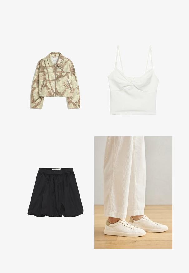 Avskuren jacka med ett beige och brunt abstrakt kamouflage-mönster, med en dragkedja framtill och två sidofickor med dragkedja. Kallad textur.; Vit kort tanktopp med tunna spagettiärm, med en vriden framsidesdesign och slät yta. Tillverkad av stretchigt tyg.; Svart kjol med rynkat tyg och elastiskt midjeband, som har en smidig textur och en avslappnad, utsvängd form.; Krämfärgade sneakers med överdel i texturerat tyg, kontrasterande beige häl och platt gummisul. Snörningsdesign med sex hål.