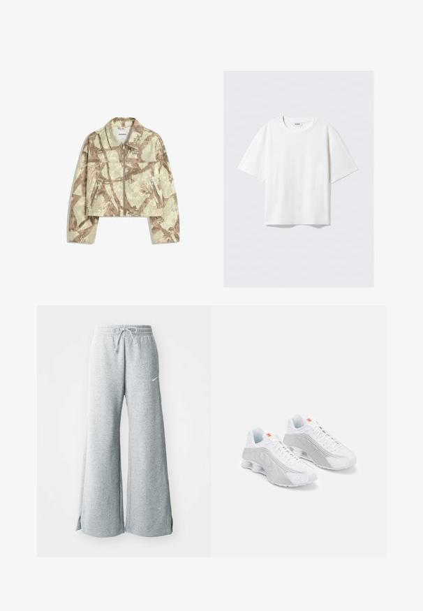 Skrajšan jakna z bež in rjavim abstraktnim kamo vzorcem, ki ima sprednji zadrgo in dva stranska žepa z zadrgo. Groba tekstura.; Bela kratka majica s kratkimi rokavi iz mehkega bombaža, s krožnim izrezom in ohlapnim krojem, z ravnim robom, brez vzorcev ali grafike.; Svetlo sivi trenerki iz mehkega materiala, z vrvico za prilagoditev pasu, širokimi nogami in stranskimi razporki. Diskretno prikazan Nike logo.; Bele bele teniske z zatežnimi sivi poudarki, ki imajo teksturirano zgornji del, perforacije za prezračevanje in segmentiran petni del za blaženje.