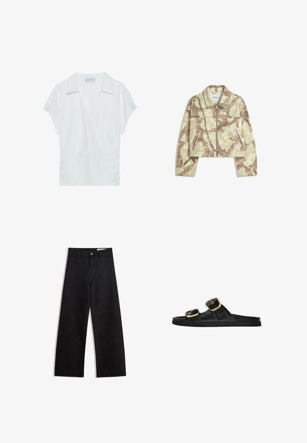 Gekruide jas met een beige en bruine abstracte camouflagepatroon, met een ritssluiting aan de voorkant en twee ritszakken aan de zijkant. Gestanste textuur.; Witte kraag wikkelblouse gemaakt van soepel stof, met korte mouwen en geplooide details bij de taille voor een relaxte pasvorm.; Zwarte denim broek met wijde pijpen en een hoge taille, voorzien van voor- en achterzakken, gestikte naden en een knoopsluiting. Gladde textuur.; Zwarte slipper met twee gouden gesps, gladde textuur, platte zool en een minimalistisch ontwerp.