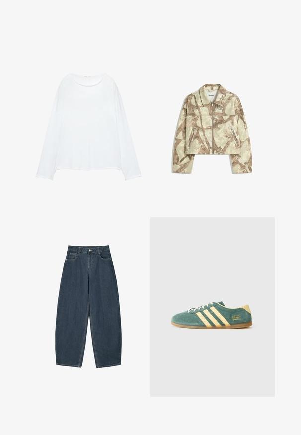 Jachetă croppată cu un model abstract de camuflaj bej și maro, dotată cu un fermoar frontal și două buzunare laterale cu fermoar. Textură măcinată.; Cămașă albă cu mâneci lungi, realizată dintr-un material neted. Prezintă un guler rotund, umeri lăsați și o croială lejeră, cu un tiv ușor curbat.; Jeans din denim de un albastru închis, cu croială largă și talie înaltă, dotate cu cinci buzunare și detalii de cusătură vizibile. Design curat, minimalist.; Pantof de suede verde cu accente galbene și trei dungi. Vârf rotunjit, talpă plată din cauciuc și logo-ul proeminent al brandului pe lateral.