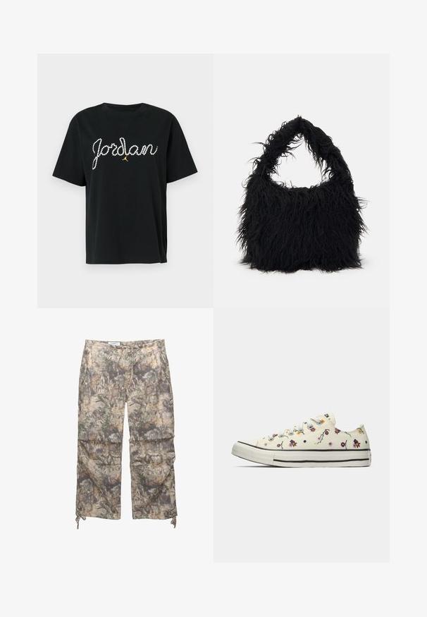 Afskåret jakke med et beige og brunt abstrakt camouflage-mønster, der har en frontlynlås og to lynlåslommer på siden. Molle tekstur.; Sort bomulds-T-shirt med korte ærmer, der har "Jordan" i rhinsten og en gylden accent af Jumpman-logoet under teksten.; Camo-mønstrede bukser lavet af letvægtsstof, med elastisk taljebånd, sidelommer og justerbare snore ved anklerne.; Hvide lavtop sneakers med farverige små blomsterdekorationer og hvide snørebånd, set fra indersiden på en ensfarvet baggrund.; Even&Odd Shopping bags - black