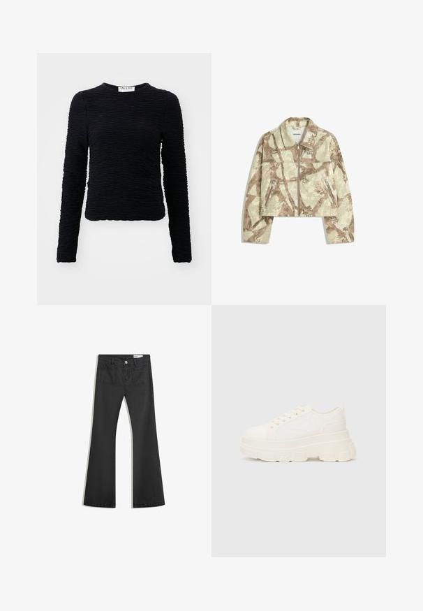 Zkrácená bunda s béžovým a hnědým abstrahovaným maskáčovým vzorem, obsahující přední zip a dvě boční kapsy na zip. Mletá textura.; Černý dlouhý rukáv top vyrobený z texturovaného materiálu s pomačkaným vzorem, s kulatým výstřihem a spodním lemem, který sahá k pasu.; Černé rozšířené džíny vyrobené z jemného džínsového materiálu, se dvěma zadními kapsami a zapínáním na knoflík v pase.; Bílé plátěné tenisky s robustní podrážkou, zaoblenou špičkou a pěti otvory pro tkaničky. Zádový pásek pro snadné obouvání. Hladký povrch, minimalistický design.