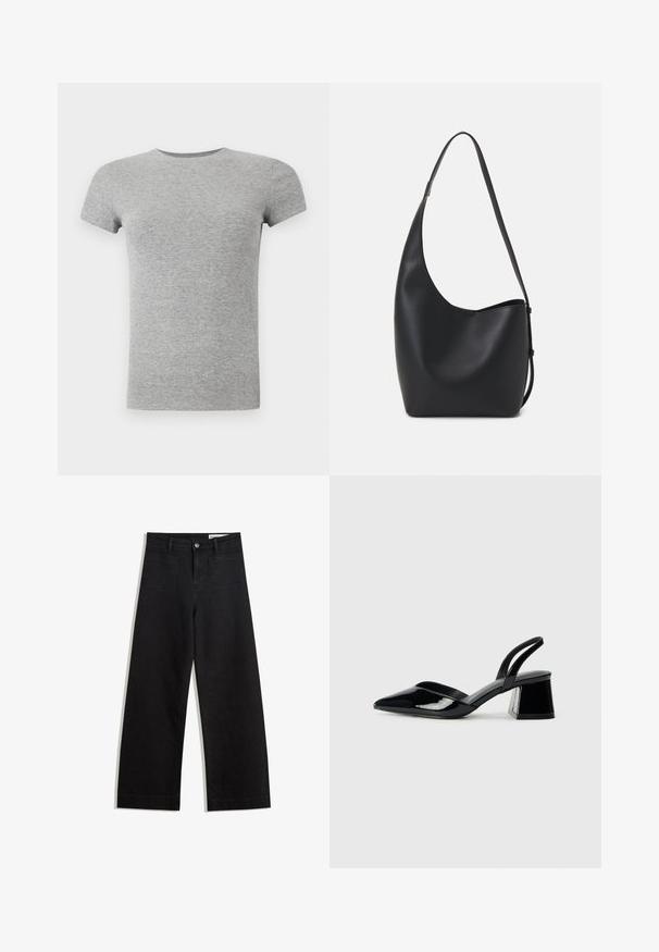 Giacca accorciata con un motivo mimetico astratto beige e marrone, dotata di una cerniera frontale e due tasche laterali con zip. Texture cardata.; T-shirt grigia a maniche corte realizzata in tessuto a coste con colletto girocollo. Presenta un design aderente e una texture liscia, adatta per un look casual.; Pantaloni in denim neri a gamba larga con vita alta, dotati di tasche anteriori e posteriori, cuciture a punto, e chiusura con bottone. Texture liscia.; Décolleté in vernice nera con punta affusolata e tacco in geometria cubica. Presentano un design elegante e minimalista, con una texture liscia.; Borsa hobo nera in pelle con una superficie liscia, forma curvata e una singola tracolla regolabile; presenta un'ampia apertura nella parte superiore.