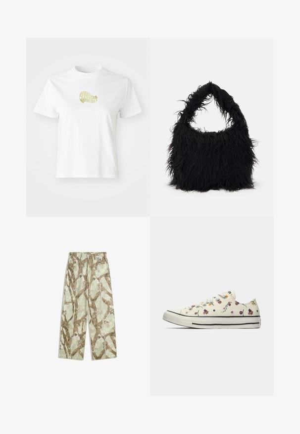 Gekruide jas met een beige en bruine abstracte camouflagepatroon, met een ritssluiting aan de voorkant en twee ritszakken aan de zijkant. Gestanste textuur.; Witte katoenen t-shirt met een gele grafische print op de voorkant. Ronde hals, korte mouwen en een comfortabele pasvorm. Soepele textuur.; Lichtgroene rechte broek met een bruine camouflagepatroon van takken en bladeren, voorzakken en riemlussen.; Witte lage sneakers met kleurrijke kleine bloemenpatronen en witte veters, gezien vanuit de binnenkant op een effen achtergrond.; Even&Odd Shopper - black