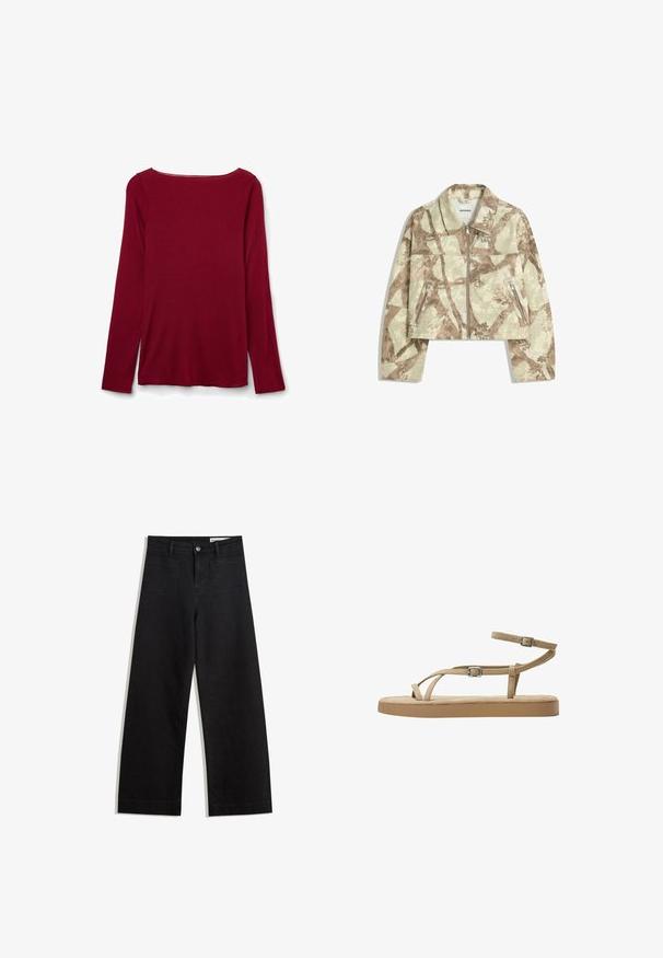 Cropped jacket with a beige and brown abstract camo pattern, featuring a front zipper and two zippered side pockets. Milled texture.; Burgundy long-sleeve top with a rounded neckline, soft texture, and a loose fit. No visible seams or embellishments.; Black wide-leg denim pants with a high waist, featuring front and back pockets, stitched seams, and a button closure. Smooth texture.; Tan sandals with slim straps, buckle detail, and a cushioned sole. The straps are made of a soft material, designed for comfort and breathability.