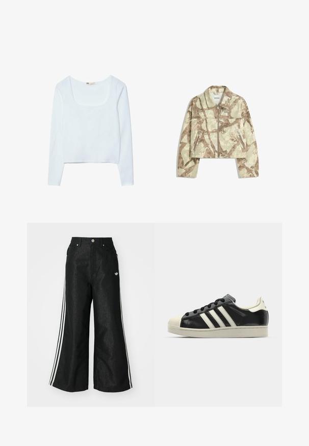 Afskåret jakke med et beige og brunt abstrakt camouflage-mønster, der har en frontlynlås og to lynlåslommer på siden. Molle tekstur.; Hvid, langærmet, cropped top med firkantet halsudskæring og glat tekstureret stof. Ingen synlige mønstre eller hardwaredetaljer.; Sorte vide denim bukser med tre hvide striber på hver side og et lille hvidt logo. Indeholder forlommer og en knaplukning.; Sort lædersneakers med hvide striber, gummitåkap, sorte snørebånd og en cremefarvet ydersål. Glat tekstur med blank overflade.