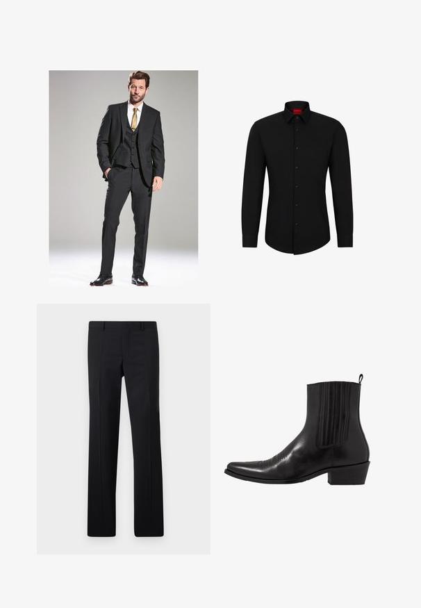 Schwarz Anzug bestehend aus drei Teilen mit taillierter Passform, glattem Stoff, Reverskragen und einer hellen goldenen Krawatte. Polierte schwarze Schuhe runden den Look ab.; Schwarzes Langarmhemd mit Knopfleiste, klassischem Kragen und abgerundetem Saum; verfügt über schwarze Knöpfe und ein rotes Logo im Kragen.; Schwarze maßgeschneiderte Hose mit geradem Schnitt, scharfen Falten und glatter Oberfläche. Hergestellt aus leichtem Stoff mit einem sauberen Bund.; Schwarze Leder- ankle boot mit spitzem Zehenbereich, elastischen Seitenpaneelen, vertikalen Steppnähten und einem niedrigen Blockabsatz.