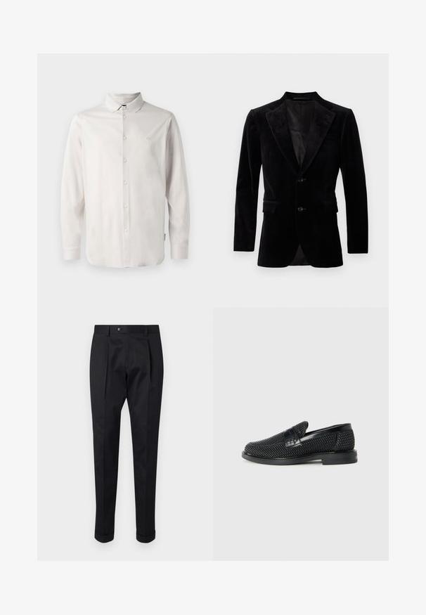 Juodas veliūro švarkas su išpjautu apykakle, vienkrūtis priekinis uždarymas, dvi priekinės kišenės ir lygus vidinis pamušalas.; Ilgų rankovių balta marška su apykakle ir subtiliu "A|X" logotipu išsiuvinėtu kairėje krūtinės pusėje.; Juodos kelnės pagamintos iš lygaus audinio, su raukšle priekyje, mygtuko uždarymu ir suknežintomis rankovėmis ties kulkšnimi.; Juodas pintas slip-on tipo batelis su lygiu odiniu akcentu viršuje, apvalios nosies dizainas ir žemas guminis padas.