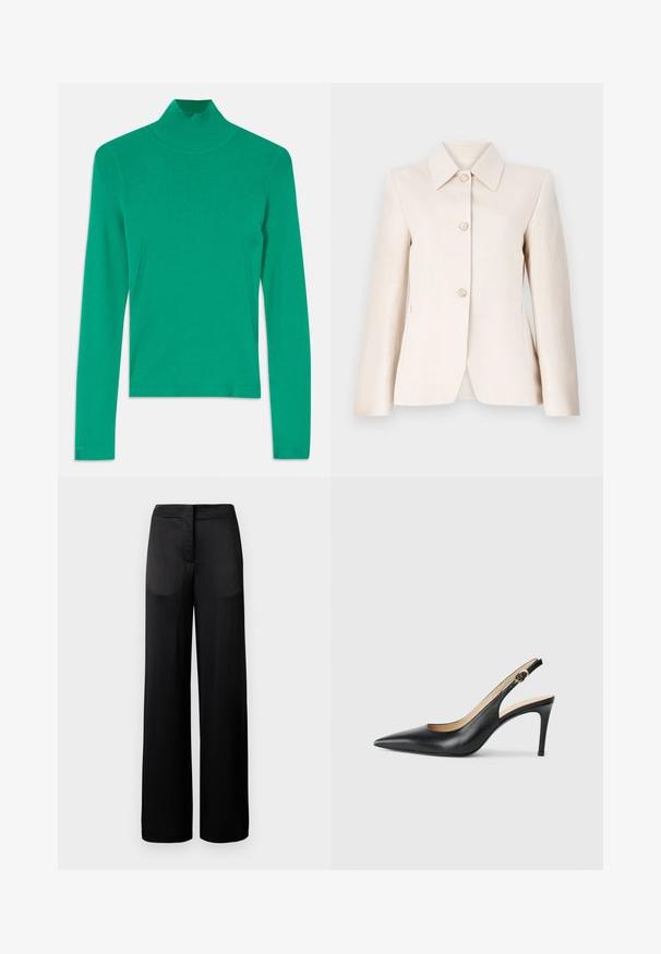Svetlo béžový blejzer s klopovým golierom, piatimi prednými gombíkmi a hladkou textúrou. Strih na mieru s dlhými rukávmi a bočnými vreckami.; Zelený rolák vyrobený z rebrovanej pleteniny, s dlhými rukávmi a jemným prešívaním na bočných švoch pre elegantný a priliehavý vzhľad.; Široké čierne nohavice s textúrovaným povrchom, obsahujúce plochý pás a dve bočné vrecká. Tkanina vyzerá ľahko a priedušne.; Čierne kožené lodičky na odkryté päte s špicatou špičkou, nastaviteľným pásikom a elegantným ihlovým podpätkom, s hladkým povrchom.