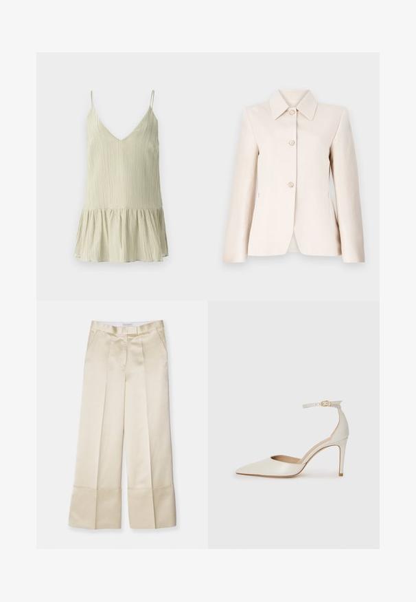 Helles beigefarbenes Blazer mit einem Reverskragen, fünf vorderen Knöpfen und einer glatten Textur. Taillierte Passform mit langen Ärmeln und seitlichen Taschen.; Hellgrünes, plissiertes Camisole mit V-Ausschnitt und dünnen Trägern, das einen ausgestellt, gerafften Saum für zusätzliches Volumen aufweist.; Beige weite Hose aus glattem Stoff mit hohem Bund, gepunkteter Vorderseite und umgeschlagenem Saum, ausgestattet mit seitlichen Taschen und sauberem Finish.; Weiße Leder-Pumps mit spitz zulaufender Zehe, Knöchelriemen und schlanker Stiletto-Absatz. Glatte Oberfläche mit dezent glänzendem Finish.