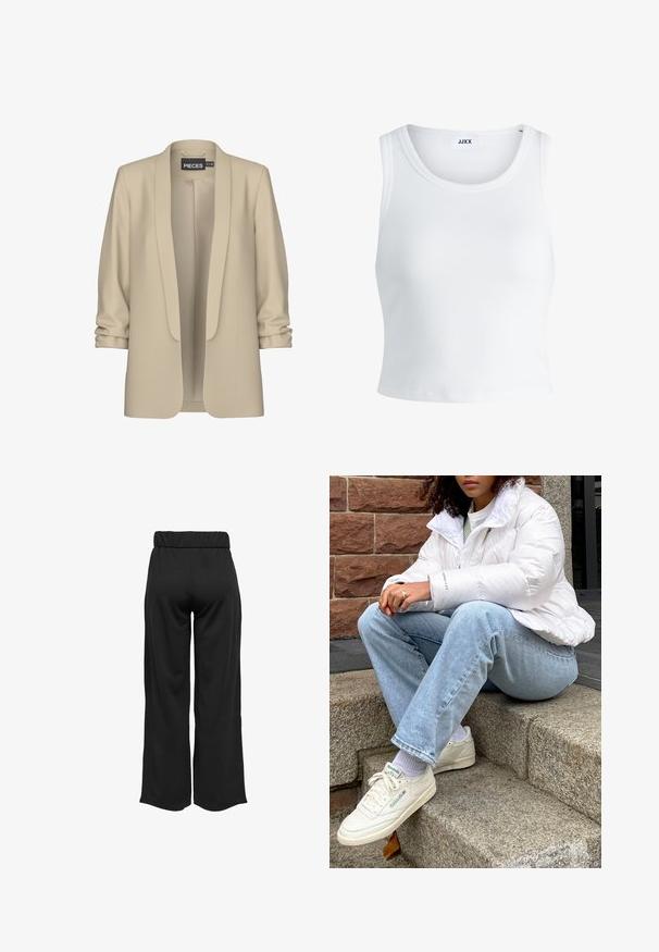 Beige blézer sálgallérral és nyitott elejével. Puha, sima felület; 3/4-es hosszúságú ujjak ráncolt részletekkel. Nincsenek záródások.; Fehér bordás ujjatlan top, kerek nyakkivágással és rövid hosszal. A címke szerint "JJXX". Sima szövettextúra.; Fekete, bővülő szárú nadrág, elasztikus derékkal, sima anyagból készült. Tiszta dizájn jellemzi, zsebek és látható varrási részletek nélkül.; Fehér puffernadrág magas nyakkal, világoskék farmernadrág és fehér Reebok sportcipő. A háttérben textúrált kőlépcsők.