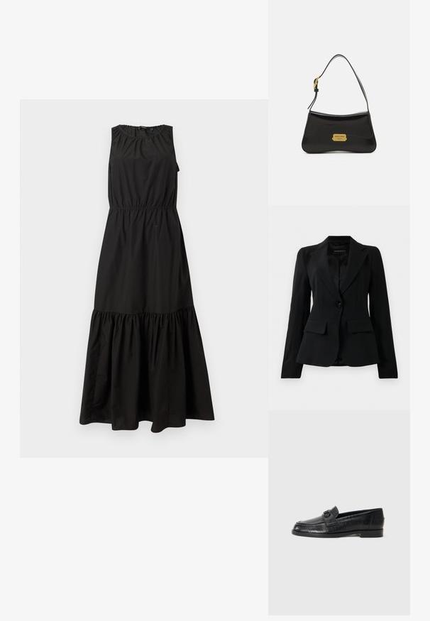 Fekete szabott blézer kivágott hajtókákkal, egy fekete gombbal zárva, és két elülső zsebrevett zsebbel, sima fehér háttér előtt.; Fekete ujjatlan ruha, rugalmas derékkal, ráncolt nyakkivágással és lépcsőzetes, fodros szegéllyel, könnyű anyagból készült.; Fekete bőr loafer cipők sima felsőrésszel, dombornyomott vonalmintával és dekoratív csat részlettel a cipő orrán. Alacsony, tömb alakú sarok.; Fekete bőr kézi táska ívelt kialakítással, arany logó táblával és vékony vállpánttal. Simább textúra igényes felülettel.
