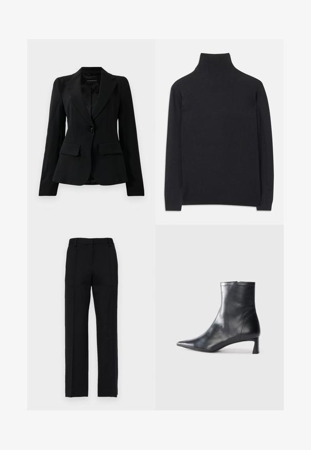 Čierny sakový blejzer s klopami, s jedným čiernym gombíkom a dvoma prednými vreckami so záklopkami, zobrazený na bielom pozadí.; Čierny rolák z mäkkej tkaniny. Má dlhé rukávy, vysoký golier a rebrované manžety a lem pre priliehavý vzhľad.; Čierne, strihané nohavice so strižou rovného strihu, s prednými záhybmi a plochým pásom. Vyrobené z hladkej, textúrovanej látky.; Čierne kožené členkové topánky s špicatou špičkou a elegantným dizajnom. Majú nízky podpätok a zips na zadnej strane. Hladká textúra.