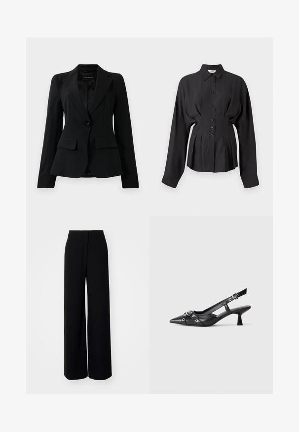 Musta räätälöity bleiseri, jossa on teräväkaulukset, yksi musta nappisuljenta ja kaksi etutaskua, esiteltynä yksinkertaisen valkoisen taustan edessä.; Musta pitkähihainen paita sileästä kankaasta, jossa on napitetut etuosat, kaareva helma ja kerätty yksityiskohta vyötäröllä räätälöityä istuvuutta varten.; Mustat leveälahkeiset housut, joissa on korkea vyötärö, sileä kangas, edessä napitettava suljenta eikä näkyviä taskuja, joissa on räätälöity istuvuus.; Mustat nahkakengät, joissa on avonainen takaosa ja kärjessä terävä muoto, koristevyöt, joissa on metalliset reiät, sekä matala lohkoepohja. Teksturoitu pinta.