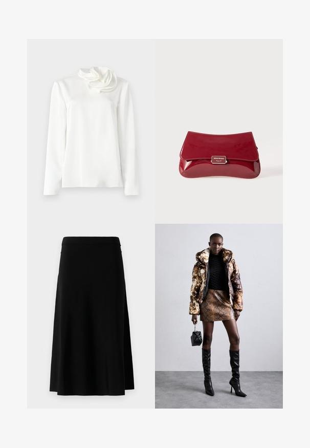 Sort skræddersyet blazer med klapkrave, enkelt sort knaplukning og to frontlomme med klap, præsenteret mod en ensfarvet hvid baggrund.; Hvid langærmet bluse med høj hals og en stor stofblomstdetalje på venstre skulder mod en ensfarvet baggrund.; Sort knælang nederdel med lige snit og sideslids, præsenteret mod en hvid baggrund.; Pufferjakke med et brunt og sort mønster, parret med en brun slangeskinds mini nederdel, sorte støvler op til knæet og en lille sort taske.; Rød lakeret læder clutch-taske med en buet design, fold-over låg og en metallet logo accent på en sølvplade. Glat, skinnende overflade.