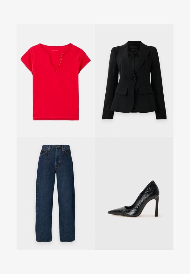 Černé tailored sako s klopami, jedním černým knoflíkem na zapínání a dvěma předními kapsami s klopami, vystavené na jednoduchém bílém pozadí.; Červený krátký rukáv top vyrobený z měkké bavlny, s V-výstřihem a knoflíkovými akcenty a volným střihem. Hladký materiál, minimální švy.; Široké modré džíny s vysokým pasem, které mají klasický pětikapsový design a kontrastní prošívání podél švů.; Černý lodičkový bot s špičatou špičkou, pokrytý texturou krokodýlí kůže, s elegantním designem, vysokým stiletto podpatkem a hladkým černým interiérem.