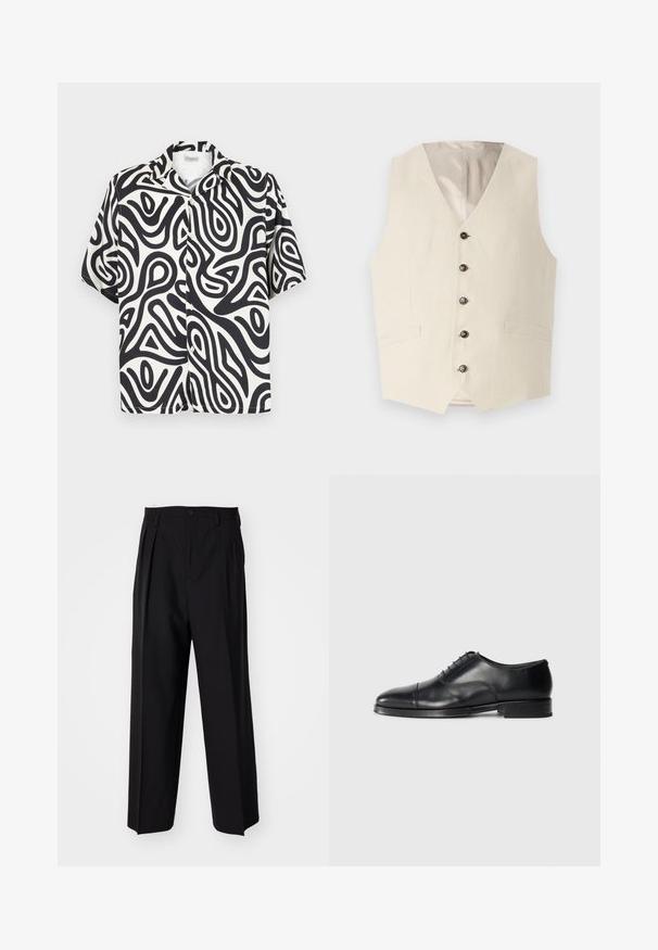 Beige Leinenweste mit V-Ausschnitt, fünf dunklen Knöpfen und zwei vorderen Taschen. Das Innenfutter ist in einer hellen Farbe gehalten.; Kurzärmliges Hemd mit Knöpfen in Schwarz und Weiß mit abstrakten, organischen Wirbelmustern. Aus einem glatten, atmungsaktiven Stoff gefertigt.; Schwarzes Baumwoll-T-Shirt mit Rundhalsausschnitt, kurzen Ärmeln und weißem Logodruck auf der linken Brust. Einfaches, einfarbiges Design.; Schwarze, plissierte Hose mit geradem, weitem Bein. Hergestellt aus glattem Stoff, mit Knopfverschluss und Gürtelschlaufen.; Schwarze Lederanzugschuhe mit gerundetem Zeh, glatter Oberfläche, Schnürdesign und dezentem Nahtdetail, ausgestattet mit einem niedrigen, flachen Absatz.