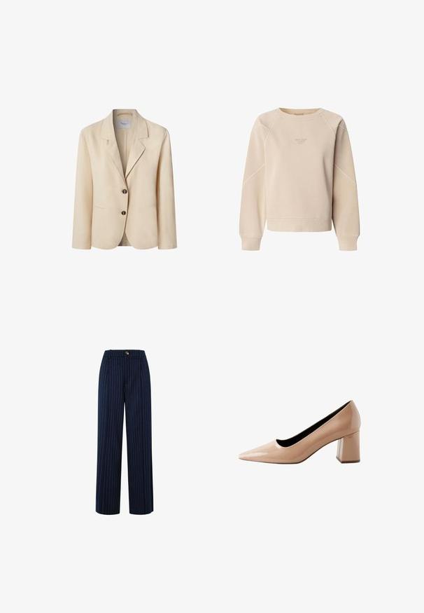 Kreminės spalvos švarkas su įpjovimu ant krašto, dviem priekiniais mygtukais ir dviem kišenėmis. Pagamintas iš tekstūruoto audinio, laisvo kirpimo.; Šviesiai rusvas sweatshirt'as su raglan rankovėmis, apvalia iškirpte ir raštuotais rankogaliais. Priekyje yra subtili prekės ženklo žymė atitinkamos spalvos.; Jūriniai plačių kojų kelnių modeliai su vertikaliomis baltomis juostelėmis, su užsegimu mygtuku, diržo kilpomis ir pritaikytu dizainu. Minkšta audinio tekstūra.; Nuogas patentinis odinis batelis su smailiu pirštu ir blokiniu kulnu, pasižymintis lygiu, blizgiu paviršiumi ir elegantišku, minimalistiniu dizainu.