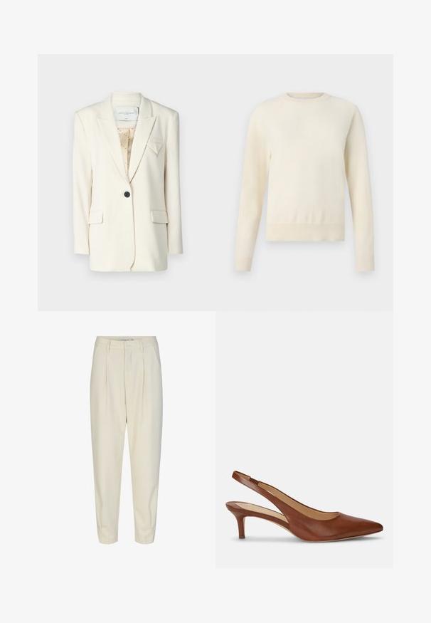 Kreminis švarkas su strukturizuotu dizainu, turintis vieną juodą mygtuką, iškilias klostes ir dvi priekinės kišenes. Subtilus geometrinis akcentas krūtinėje.; Šviesiai kreminės spalvos megztinis su ilgomis rankovėmis, apvaliu iškirpimu ir raukšlėtu apvadu. Pagamintas iš minkštos medžiagos, pasižymi lygiu paviršiumi.; Pritaikyti kreminiai kelnės su aukštu liemeniu, raukšlėmis priekyje, siaurėjančiomis kojomis ir šoniniais kišenėmis. Lygus audinys su lengva tekstūra.; Lauren Ralph Lauren LOLAH SLINGBACK - Klasikiniai aukštakulniai - deep saddle tan