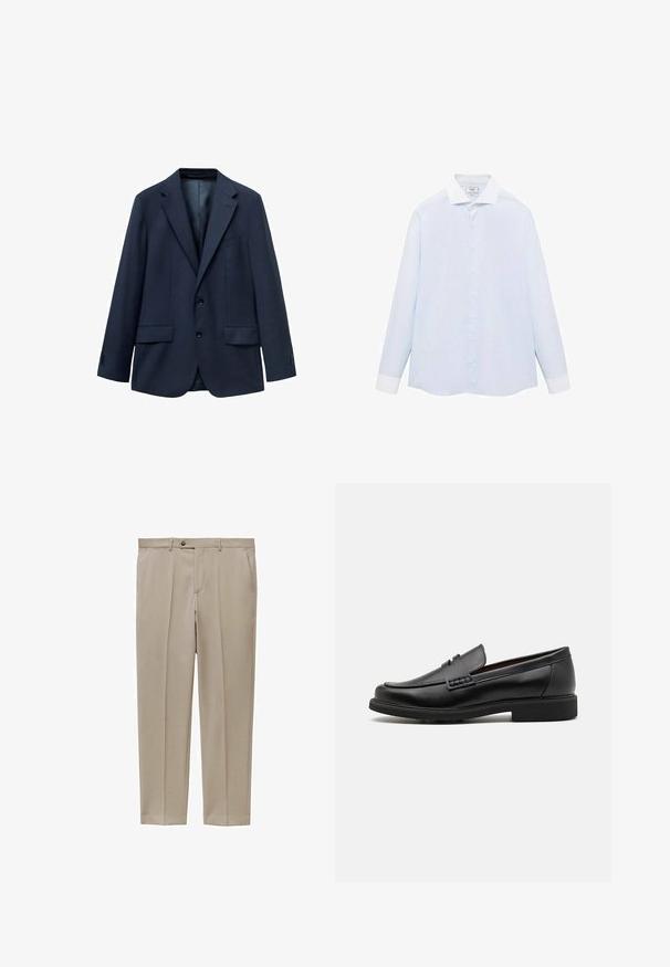 Marineblå blazer lavet af tekstureret stof, med en to-knaps lukning, detajleret krave og to sidelommer. Foret inderside.; Lysblå stribet langermet skjorte med hvid krave og manchetter, udstyret med knaplukning og en buet kant. Glat stofstruktur.; Beige bukser lavet af letvægtsstof, med lige ben, forknyttede folder og en enkelt knaplukning i taljen.; Sorte syntetiske loafers med en fremtrædende syet front, polstret indersål og flad gummiydersål; slankt design med minimal detaljer.
