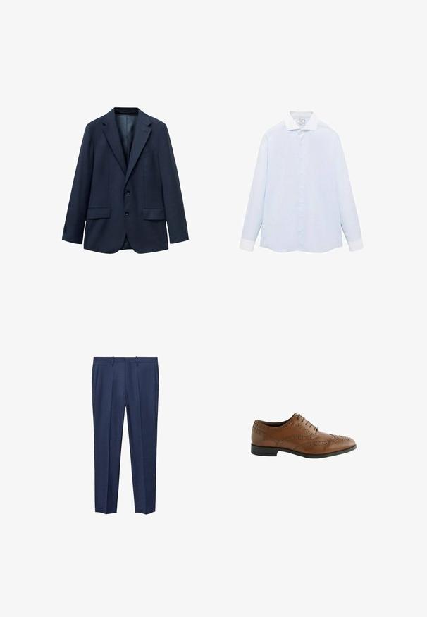 Námornícka modrá blejzer vyrobená z textúrovanej tkaniny, s prednou časťou na dve gombíky, klopovými límcom a dvoma bočnými vreckami. Podšitý interiér.; Svetlo modrá pruhovaná košeľa s dlhým rukávom, s bielym golierom a manžetami, so zapínaním na gombíky a zakriveným lemom. Hladká textúra látky.; Tmavomodré nohavice vyrobené z textúrovanej látky, s plochým predným dielom, dvoma bočnými vreckami a rovný strih nohy.; Hnedé kožené spoločenské topánky s jemným broguingom, okrúhlym špico a plochým podpätkom. Obsahujú päť dierok na šnurovanie a hladký povrch.