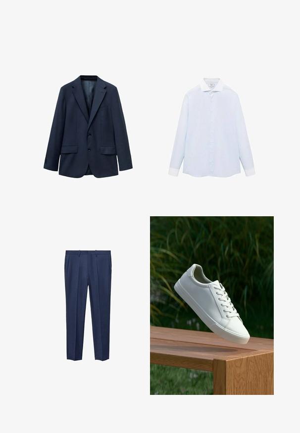 Marineblauwe blazer van textuurstof, voorzien van een front met twee knopen, met een notch lapel en twee zijzakken. Voering aan de binnenkant.; Lichtblauw gestreept overhemd met lange mouwen, witte kraag en manchetten, met een knoopsluiting aan de voorkant en een gebogen onderzoom. Gladde stoftextuur.; Navyblauwe broeken van textuurstof, met een platte voorkant, twee zijzakken en een rechte pijpdesign.; Witte vetersneaker die boven een houten bank zweeft met groene bladeren op de achtergrond, waarbij het ontwerp en de textuur van de schoen worden getoond.