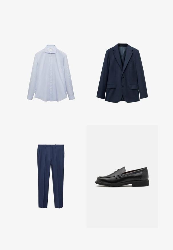 Mornarskopi sako od teksturirane tkanine, s prednjim dijelom na dva gumba, izrezanim reverima i dva bočna džepa. Podstava unutrašnjosti.; Svijetloplava košulja dugih rukava s bijelim okomitim prugama, s dugim rukavima i dugim gumbima. Glatkasti materijal s strukturiranim krojem.; Tamno plave hlače od teksturiranog materijala, sa ravnim prednjim dijelom, dva bočna džepa i ravnim krojem.; Crne sintetičke loafers cipele s izraženim šavom sprijeda, podstavljenom uloškom i ravnim gumeni potplatom; elegantan dizajn s minimalnim detaljima.