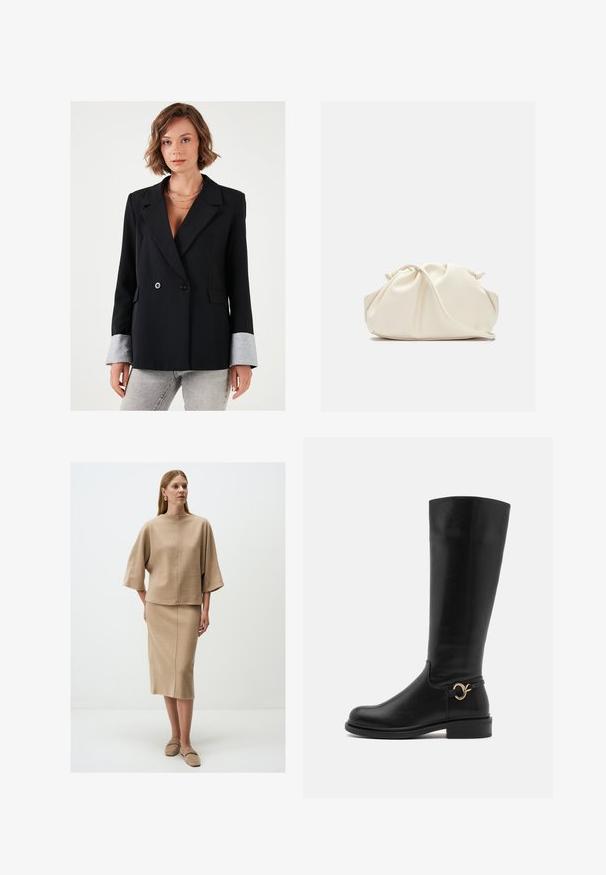 Blazer noir croisé à revers notés, avec des poignets contrastés gris et deux poches avant. Texture lisse et silhouette cintrée.; Chemise jaune pâle à manches longues, en tissu doux. Elle présente un col classique, des manches à rouleaux et une coupe décontractée avec un ourlet incurvé.; Top en maille beige avec de larges manches et un col haut, associé à une jupe jusqu'aux genoux fabriquée dans le même matériau, les deux présentent une texture lisse.; Anna Field Wide Fit Bottes - black; Sac en cuir synthétique de couleur crème, doux, avec un design froncé, une bandoulière adjustable et une fermeture à cordon subtile. Texture lisse et forme arrondie.