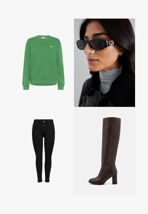 Blazer bordeaux aderente con chiusura a un bottone, revers a scollo, e due tasche frontali; texture liscia e design su misura.; Felpa verde in cotone, con colletto girocollo, maniche lunghe, polsini a costine e un piccolo accento a forma di cuore bianco sul petto.; Jeans skinny neri a vita alta con bottone frontale, passanti per cintura e design a cinque tasche, mostrati su uno sfondo bianco.; Stivale in pelle marrone al ginocchio con tacco a blocco, texture liscia, punta arrotondata e dettagli di cucitura minimi.; Occhiali da sole neri con una montatura rettangolare elegante e un accento del logo dorato sul lato. Le lenti scure e la finitura lucida sono evidenti.