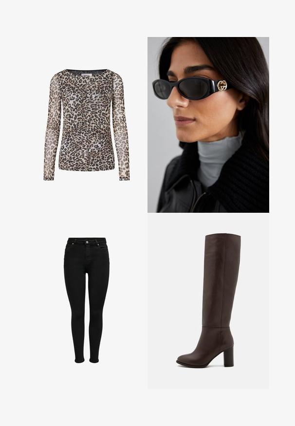 Pukuma syvänpunainen bleiseri, jossa on yksittäinen nappisulku, halkio-olkaimet ja kaksi etutaskua; sileä pinta ja muotoiltu malli.; Pitkähihainen leopardikuosisena paita ohutta, kevyttä kangasta. Ominaisuuksiin kuuluu pyöreä pääntie ja rypytetty yksityiskohta, sävyjä vaaleasta ruskeasta, mustasta ja tummasta ruskeasta.; Mustat korkea vyötäröiset skinny-farkut, joissa on etuvaihteet, vyölenkit ja viisi taskua, esitetty valkoista taustaa vasten.; Kahvipunaiset nahka polvipituiset saappaat, joissa on tukevat korot, sileä pinta, pyöristetty kärki ja minimaalinen ompelu.; Mustat aurinkolasit, joissa on tyylikäs suorakulmainen kehys ja kultainen logo-akkentti sivussa. Tumma linssit ja kiiltävä pinta ovat huomattavissa.