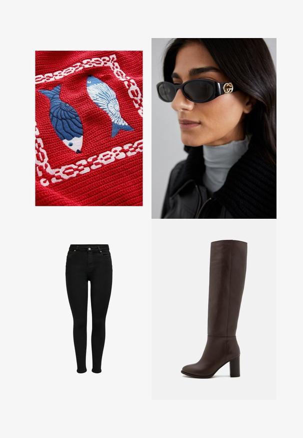 Pukuma syvänpunainen bleiseri, jossa on yksittäinen nappisulku, halkio-olkaimet ja kaksi etutaskua; sileä pinta ja muotoiltu malli.; Punainen tekokuitukangas, jossa on kaksi brodeerattua kalaa: toinen tumma sininen pyrstöineen ja toinen vaalea sininen, jossa on raidallinen kuvio, ympäröity valkoisella ketjumallilla.; Mustat korkea vyötäröiset skinny-farkut, joissa on etuvaihteet, vyölenkit ja viisi taskua, esitetty valkoista taustaa vasten.; Kahvipunaiset nahka polvipituiset saappaat, joissa on tukevat korot, sileä pinta, pyöristetty kärki ja minimaalinen ompelu.; Mustat aurinkolasit, joissa on tyylikäs suorakulmainen kehys ja kultainen logo-akkentti sivussa. Tumma linssit ja kiiltävä pinta ovat huomattavissa.