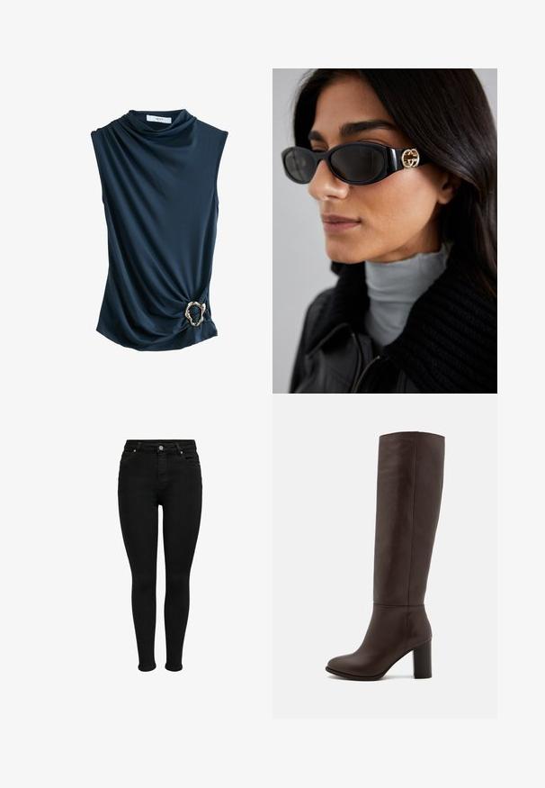 Figurbetonter kastanienbrauner Blazer mit einem Ein-Knopf-Verschluss, Reverskragen und zwei Fronttaschen; glatte Textur und maßgeschneiderter Schnitt.; Marinefarbener ärmelloser Top mit drapiertem Stoff, Wasserfallausschnitt und einem metallic-goldenen Ringakzent in der Taille, der eine glatte, weiche Textur bietet.; Schwarze hochtaillierte Skinny-Jeans mit vorderem Knopf, Gürtelschlaufen und Fünf-Taschen-Design, vor einem weißen Hintergrund gezeigt.; Braune Lederstiefel bis zum Knie mit Blockabsatz, glatter Textur, runder Spitze und minimalen Nahtdetails.; Schwarze Sonnenbrille mit einem schlanken rechteckigen Rahmen und einem goldenen Logo-Akzent an der Seite. Dunkle Gläser und glänzende Oberfläche sind auffällig.