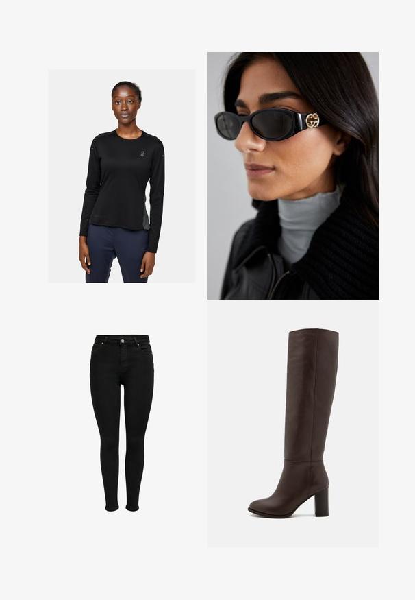 Fitted maroon blazer with a single button closure, notch lapels, and two front pockets; smooth texture and tailored design.; Black long-sleeve athletic shirt with fabric labeled "DRYTEC™." Features a round neck, smooth texture, and logo on the left chest and sleeve.; Black high-waisted skinny jeans with front button, belt loops, and five-pocket design, shown against a white background.; Brown leather knee-high boot with a block heel, smooth texture, rounded toe, and minimal stitching details.; Black sunglasses featuring a sleek rectangular frame with a gold logo accent on the side. Dark lenses and glossy finish are prominent.