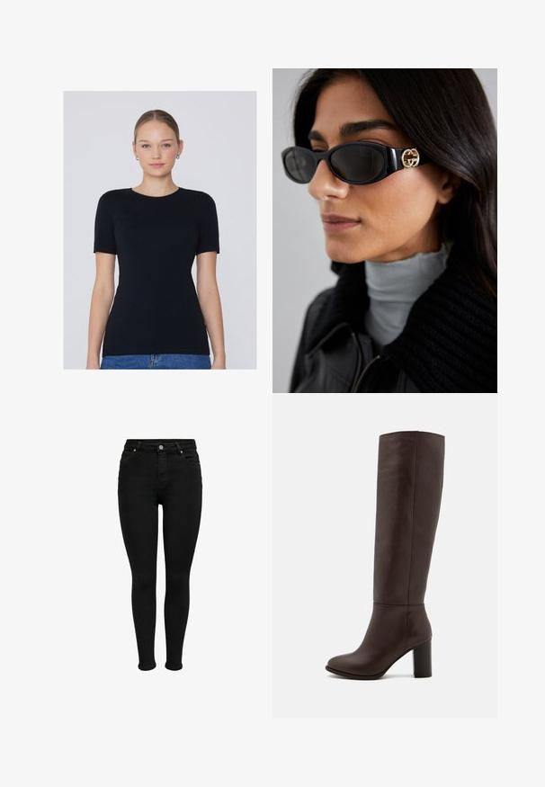 Dopasowana bordowa marynarka z pojedynczym zapięciem na guzik, z klapami typu notch i dwiema przednimi kieszeniami; gładka tekstura i elegancki krój.; Czarna koszulka z krótkim rękawem wykonana z gładkiego materiału, z okrągłym dekoltem i dopasowanym krojem. Bez widocznych wzorów ani akcentów.; Czarne, wysokie, obcisłe dżinsy z przodu na guziki, szlufkami na pasek i pięcioma kieszeniami, zaprezentowane na białym tle.; Brązowy skórzany boot na wysokości kolan z grubym obcasem, gładką fakturą, zaokrąglonym noskiem i minimalnymi detalami w szwie.; Czarne okulary przeciwsłoneczne o eleganckim, prostokątnym kształcie z logo w kolorze złotym na boku. Ciemne soczewki i błyszczące wykończenie są wyraźnie widoczne.