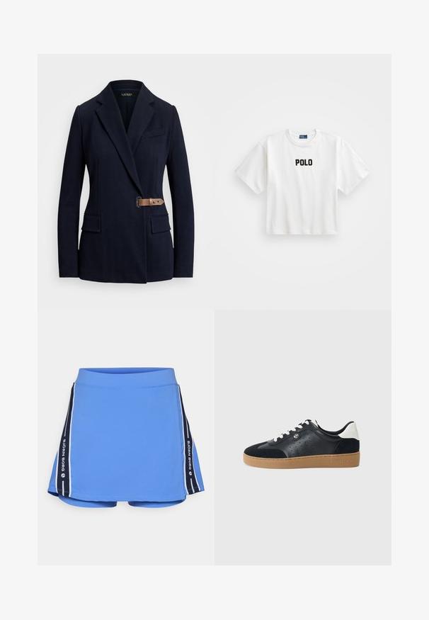 Marineblå blazer med krage med spalter, to frontlommer med klaff, brystlomme og en brun lærrem med spenne på høyre side.; Hvit bomullst-skjorte med korte ermer, med et svart brodert "POLO"-logo på forsiden. Enkel, boksformet design.; Blå atletisk skjørt med en glatt tekstur, med bred midjebånd og marineblå sidelapper med hvite striper. Inkluderer merkevaresymbol.; Svarte lær- og semskede sneakers med en lys brunt gummisåle. Har hvite snører og små perforeringer på sidene. Michael Kors-logoen er til stede.