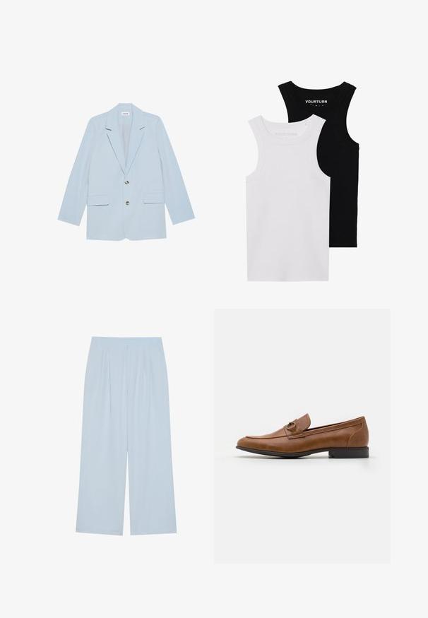 Light blue blazer made of smooth fabric; features two front pockets, a single button closure, and sharp lapels.; Two fitted tank tops in black and white. Made of ribbed cotton, they feature wide straps and rounded necklines. Branding on the collar.; Light blue wide-leg trousers made from a smooth material, featuring front pleats and an elasticized waistband for comfort.; Brown leather loafers with a flat heel, featuring a decorative metal accent on the front, sleek design, and smooth texture.