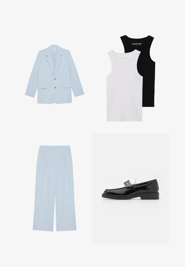 Blazer azul claro hecho de tela suave; cuenta con dos bolsillos frontales, un cierre de botón único y solapas afiladas.; Dos tops de tirantes ajustados en negro y blanco. Están hechos de algodón acanalado, cuentan con tirantes anchos y escote redondeado. Con la marca en el cuello.; Pantalones de pierna ancha azul claro, fabricados con un material suave, que cuentan con pliegues frontales y una cinturilla elástica para mayor comodidad.; Mocasines de charol negro con puntera redondeada, que presentan un detalle de hebilla plateada y una suela de goma negra texturizada.
