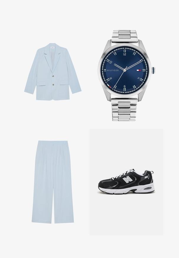 Lyseblå blazer lavet af glat stof; har to forreste lommer, en enkelt knaplukning og skarpe revers.; To fitted tanktoppe i sort og hvid. De er lavet af ribbet bomuld og har brede stropper og rund halsudskæring. Branding på kraven.; Lyseblå brede bukser lavet af et glat materiale, med for-pleats og en elastisk talje for komfort.; Sorte og grå sportssko med mesh og ruskind på overdelen, der har en hvid mellemsål, snørebånd og et iøjnefaldende "N" logo på siden.; Sølvmetal ur med en børstet blå urskive, hvide timemarkører og en datovisning. Har et sammenkædet metalarmbånd og brandlogo.